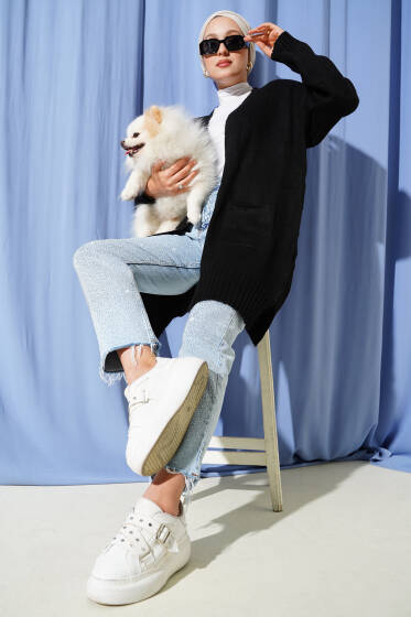 Düşük Omuz Cepli Triko Hırka Siyah - Hırka