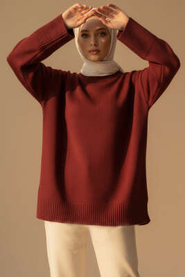 Düşük Omuz Detaylı Triko Tunik Bordo 