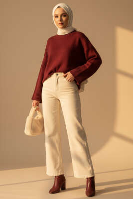 Düşük Omuz Detaylı Triko Tunik Bordo - Tunik