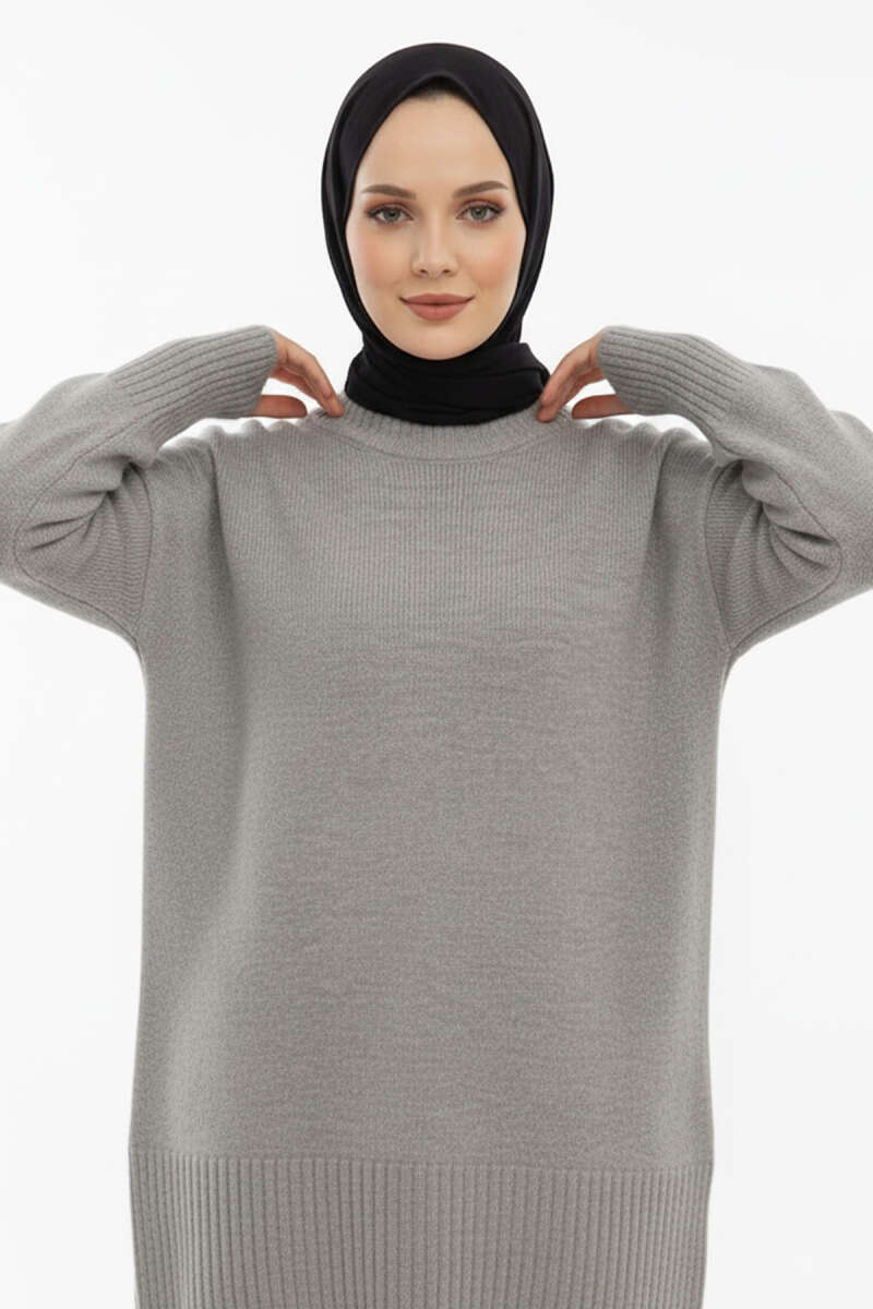 Düşük Omuz Detaylı Triko Tunik Gri