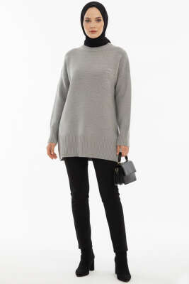 Düşük Omuz Detaylı Triko Tunik Gri - Tunik