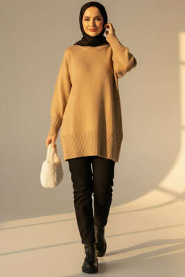 Düşük Omuz Detaylı Triko Tunik Latte - 300-500 TL Ürünler