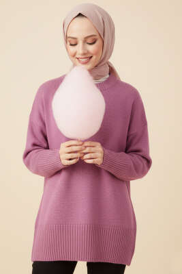 Düşük Omuz Detaylı Triko Tunik Magenta 