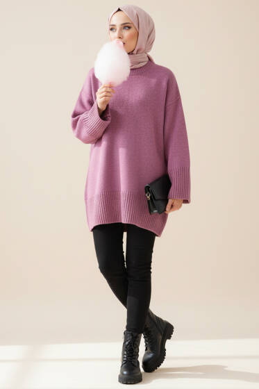 Düşük Omuz Detaylı Triko Tunik Magenta - Tunik