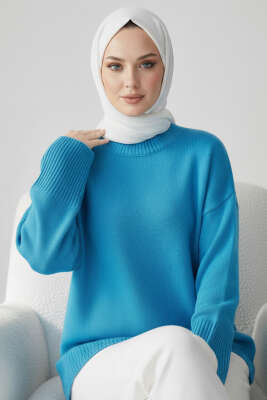 Düşük Omuz Detaylı Triko Tunik Mavi 