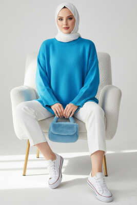 Düşük Omuz Detaylı Triko Tunik Mavi - Tunik