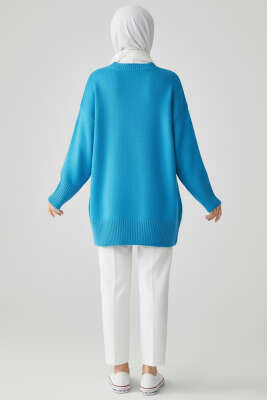 Düşük Omuz Detaylı Triko Tunik Mavi - Tunik