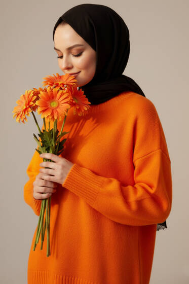 Düşük Omuz Detaylı Triko Tunik Oranj - Tunik