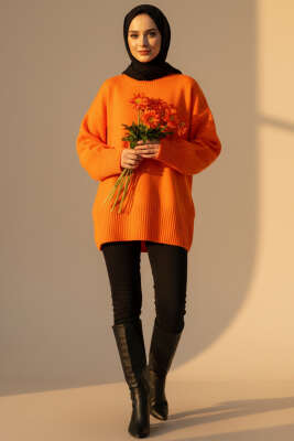 Düşük Omuz Detaylı Triko Tunik Oranj - Tunik