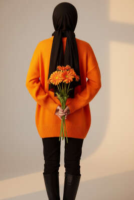 Düşük Omuz Detaylı Triko Tunik Oranj - Tunik