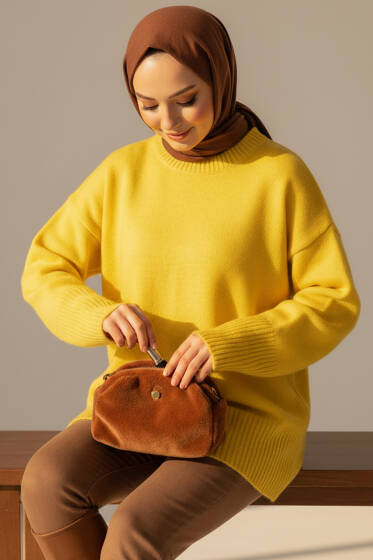 Düşük Omuz Detaylı Triko Tunik Sarı - Tunik