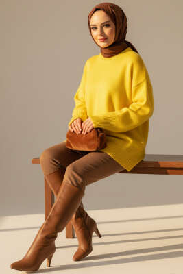 Düşük Omuz Detaylı Triko Tunik Sarı - Tunik