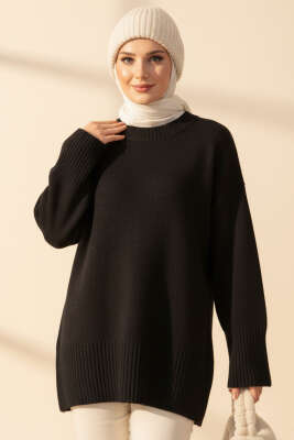 Düşük Omuz Detaylı Triko Tunik Siyah 