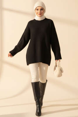 Düşük Omuz Detaylı Triko Tunik Siyah - Tunik