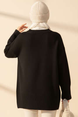 Düşük Omuz Detaylı Triko Tunik Siyah - Tunik