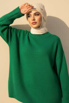 Düşük Omuz Detaylı Triko Tunik Yeşil 