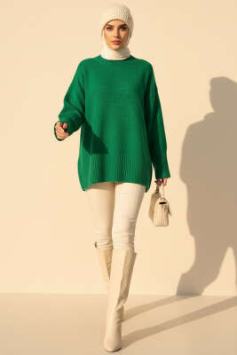 Düşük Omuz Detaylı Triko Tunik Yeşil - Tunik