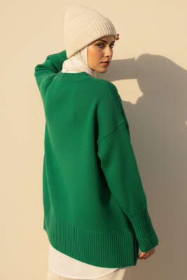 Düşük Omuz Detaylı Triko Tunik Yeşil - Tunik