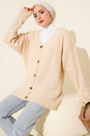 Düşük Omuz Düğmeli Triko Hırka Bej - Hırka