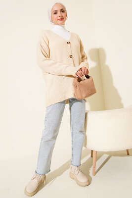 Düşük Omuz Düğmeli Triko Hırka Bej - Hırka