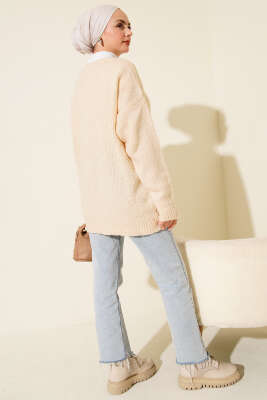 Düşük Omuz Düğmeli Triko Hırka Bej - Yılın Fırsatı