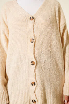 Düşük Omuz Düğmeli Triko Hırka Bej - Yılın Fırsatı