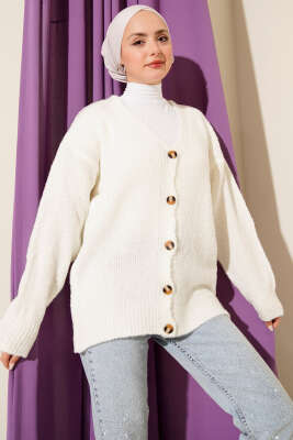 Düşük Omuz Düğmeli Triko Hırka Ekru - VANİZA TRİKO