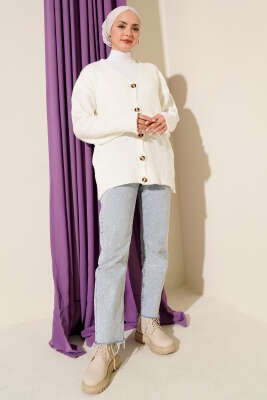 Düşük Omuz Düğmeli Triko Hırka Ekru - Hırka