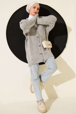 Düşük Omuz Düğmeli Triko Hırka Gri - Hırka