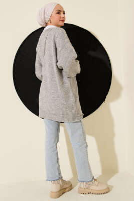 Düşük Omuz Düğmeli Triko Hırka Gri - Hırka