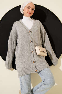 Düşük Omuz Düğmeli Triko Hırka Gri 