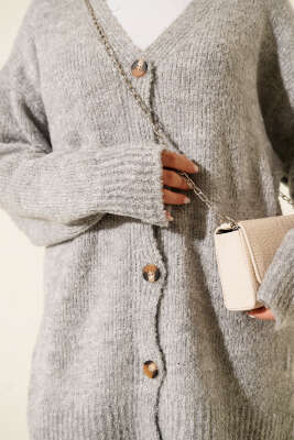 Düşük Omuz Düğmeli Triko Hırka Gri - Yılın Fırsatı