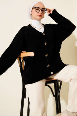 Düşük Omuz Düğmeli Triko Hırka Siyah - VANİZA TRİKO