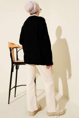 Düşük Omuz Düğmeli Triko Hırka Siyah - Hırka