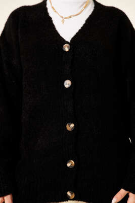 Düşük Omuz Düğmeli Triko Hırka Siyah - Hırka