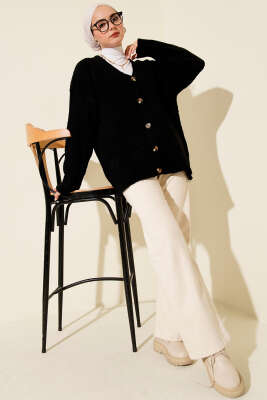 Düşük Omuz Düğmeli Triko Hırka Siyah - Yılın Fırsatı