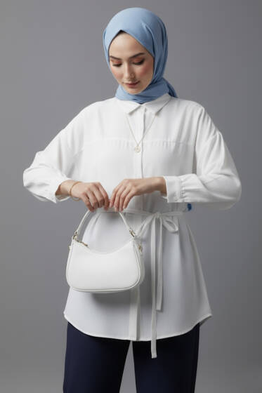 Düşük Omuz İp Kuşaklı Modal Gömlek Beyaz - Gömlek