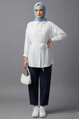 Düşük Omuz İp Kuşaklı Modal Gömlek Beyaz - Gömlek