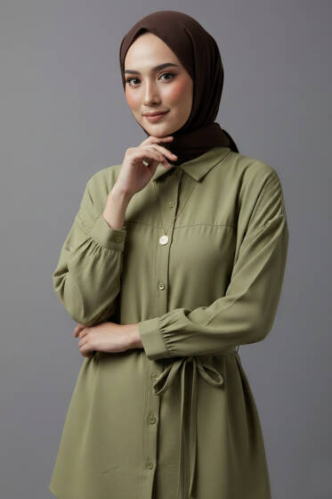 Düşük Omuz İp Kuşaklı Modal Gömlek Çağla Yeşili - Gömlek