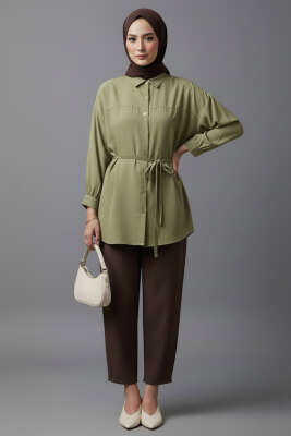 Düşük Omuz İp Kuşaklı Modal Gömlek Çağla Yeşili - Gömlek