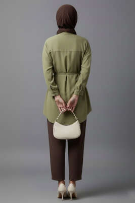 Düşük Omuz İp Kuşaklı Modal Gömlek Çağla Yeşili - Gömlek