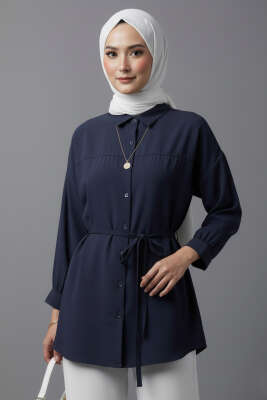 Düşük Omuz İp Kuşaklı Modal Gömlek Lacivert - POLO LIVE