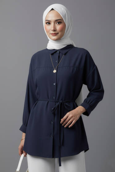 Düşük Omuz İp Kuşaklı Modal Gömlek Lacivert - Gömlek