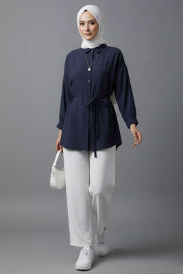 Düşük Omuz İp Kuşaklı Modal Gömlek Lacivert - Gömlek