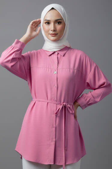 Düşük Omuz İp Kuşaklı Modal Gömlek Pembe - Gömlek