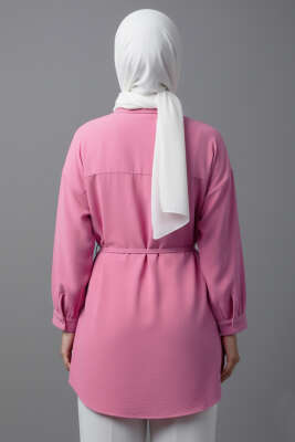 Düşük Omuz İp Kuşaklı Modal Gömlek Pembe - Gömlek