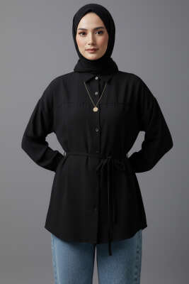 Düşük Omuz İp Kuşaklı Modal Gömlek Siyah - POLO LIVE