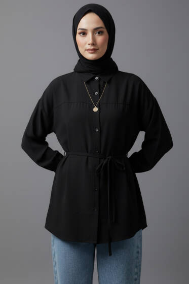 Düşük Omuz İp Kuşaklı Modal Gömlek Siyah - Gömlek
