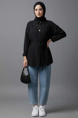 Düşük Omuz İp Kuşaklı Modal Gömlek Siyah - Gömlek