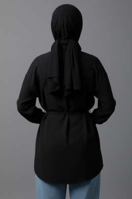 Düşük Omuz İp Kuşaklı Modal Gömlek Siyah - Gömlek